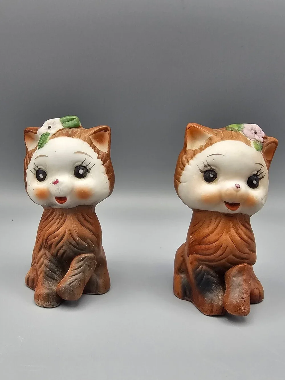 Vintage Ceramic Cat Salt and Pepper Shakers with Floral Detail